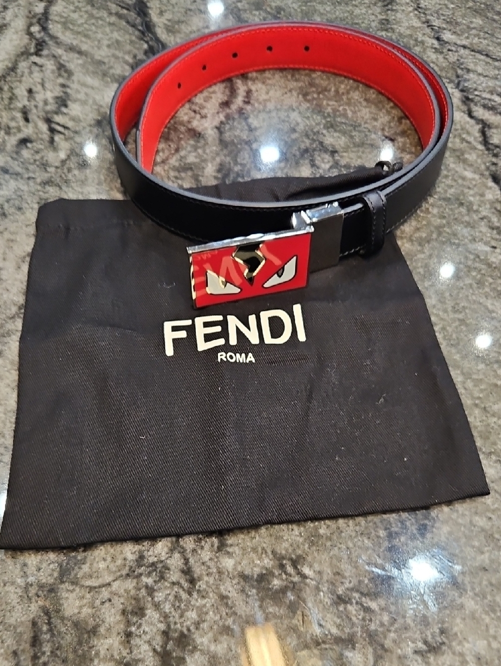 Fendi Men’s Black Leather Belt with Red Lined Interior and Red Logo Buckle